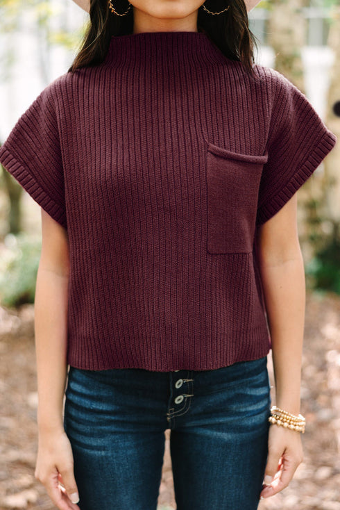 Ribbed Mock Neck Patch Pocket Drop Shoulder Short Sleeve Sweater